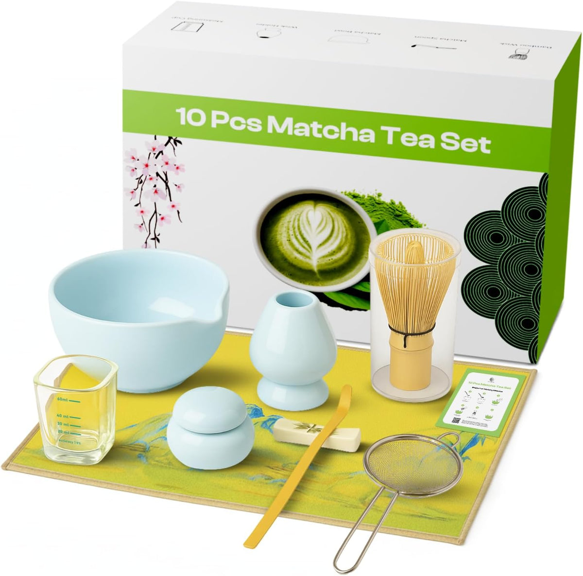 10-Piece Matcha Whisk Set | Complete Matcha Tea Kit with 17oz Ceramic Bowl, Bamboo Whisk & Scoop, Whisk Holder, Stainless Steel Sifter, Measuring Cup, Powder Caddy, Tea Towel | Gift-Ready Matcha Set