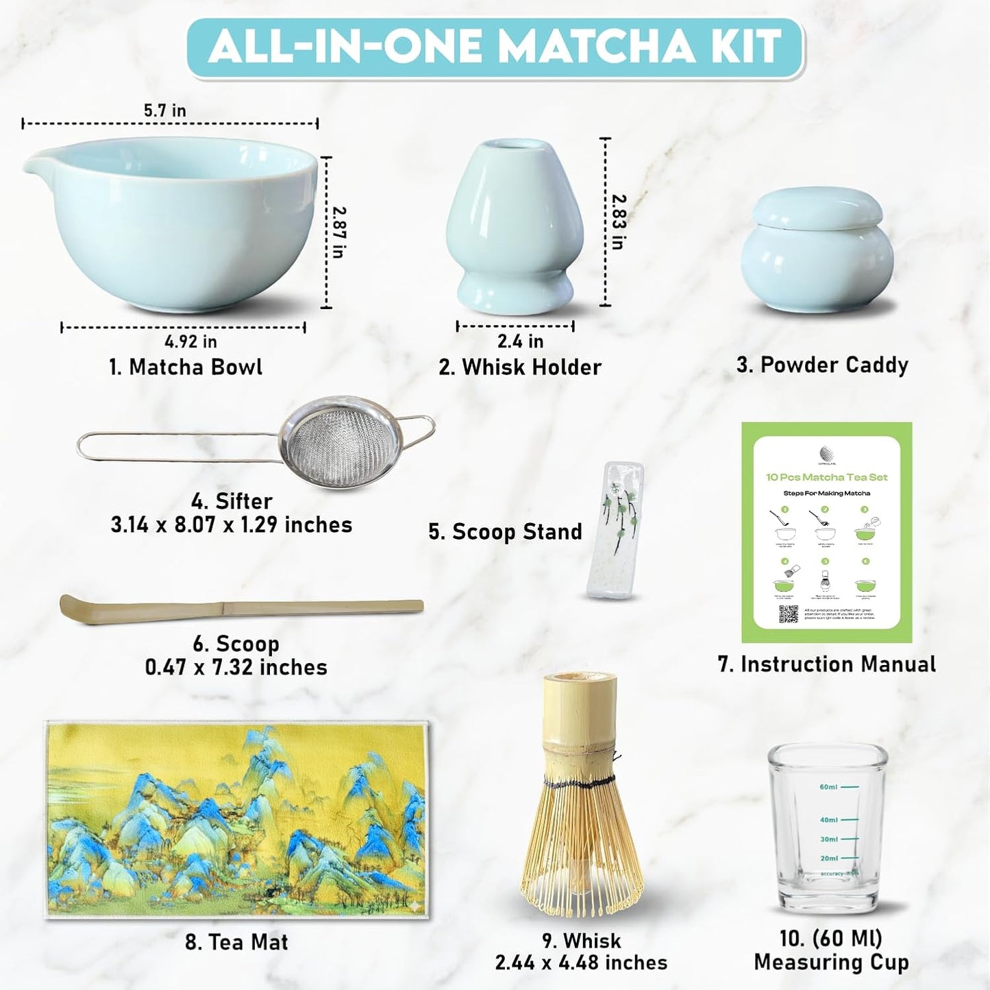 10-Piece Matcha Whisk Set | Complete Matcha Tea Kit with 17oz Ceramic Bowl, Bamboo Whisk & Scoop, Whisk Holder, Stainless Steel Sifter, Measuring Cup, Powder Caddy, Tea Towel | Gift-Ready Matcha Set