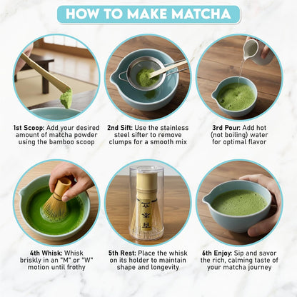 10-Piece Matcha Whisk Set | Complete Matcha Tea Kit with 17oz Ceramic Bowl, Bamboo Whisk & Scoop, Whisk Holder, Stainless Steel Sifter, Measuring Cup, Powder Caddy, Tea Towel | Gift-Ready Matcha Set