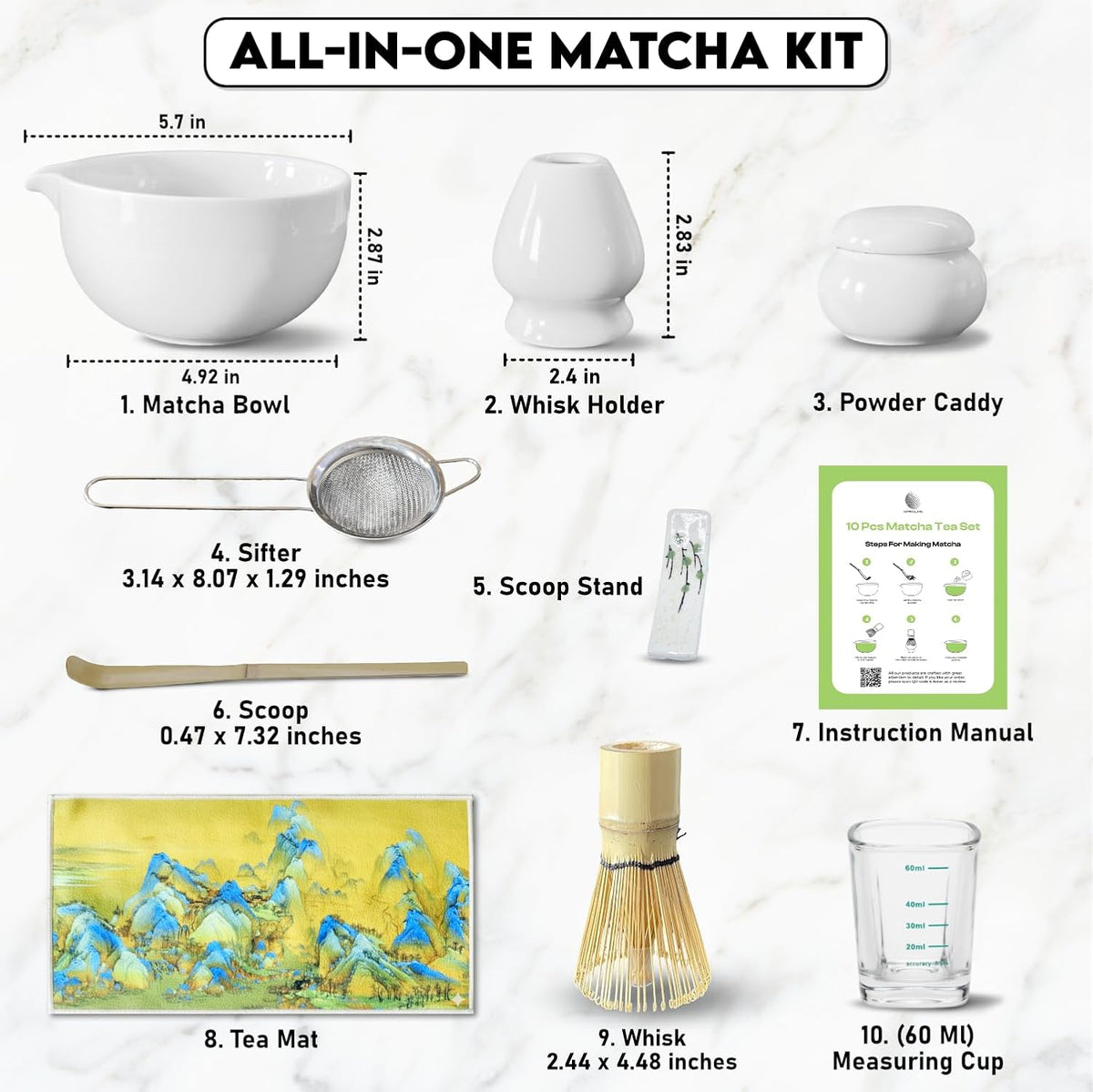 10-Piece Matcha Whisk Set | Complete Matcha Tea Kit with 17oz Ceramic Bowl, Bamboo Whisk & Scoop, Whisk Holder, Stainless Steel Sifter, Measuring Cup, Powder Caddy, Tea Towel | Gift-Ready Matcha Set