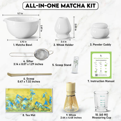 10-Piece Matcha Whisk Set | Complete Matcha Tea Kit with 17oz Ceramic Bowl, Bamboo Whisk & Scoop, Whisk Holder, Stainless Steel Sifter, Measuring Cup, Powder Caddy, Tea Towel | Gift-Ready Matcha Set