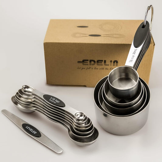 Measuring Cups and Magnetic Measuring Spoons Set, Stainless Steel 5 Cups and 7 Spoons (Black)