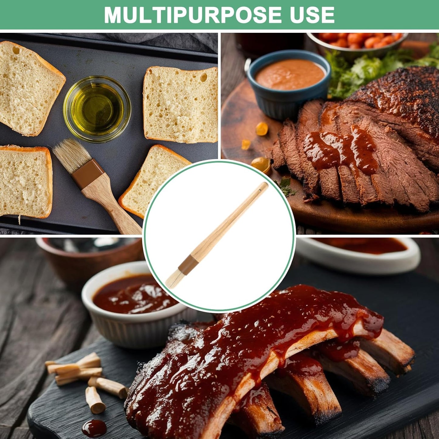 2-Pack Pastry Brush, Round Wooden Handle Natural Bristle Basting BBQ Oil Brush for Cooking/Barbecue/Kitchenh [1.2"]
