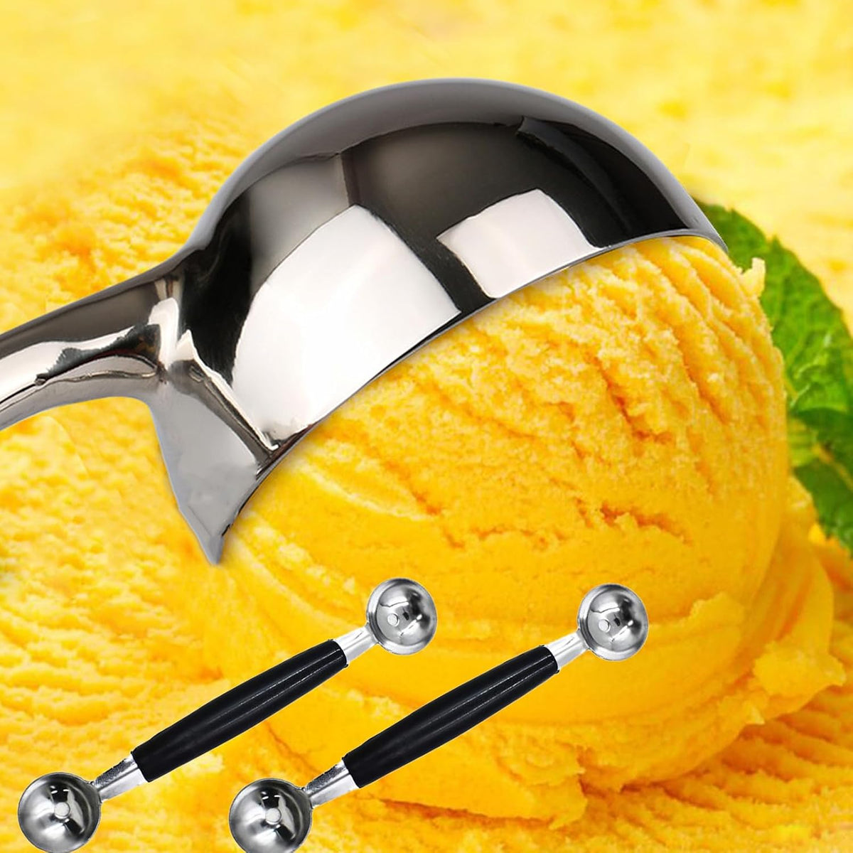2 Pack Double Ended Headed Fruit Icecream Ball Spoon,Stainless Steel Melon Baller,Smooth Round Melon Balls Melon Scoop for Watermelon/Ice Cream/Fruits/Sorbet/Meatball