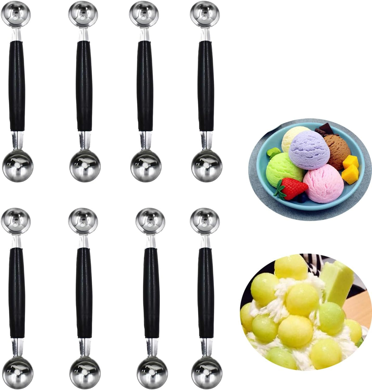 2 Pack Double Ended Headed Fruit Icecream Ball Spoon,Stainless Steel Melon Baller,Smooth Round Melon Balls Melon Scoop for Watermelon/Ice Cream/Fruits/Sorbet/Meatball