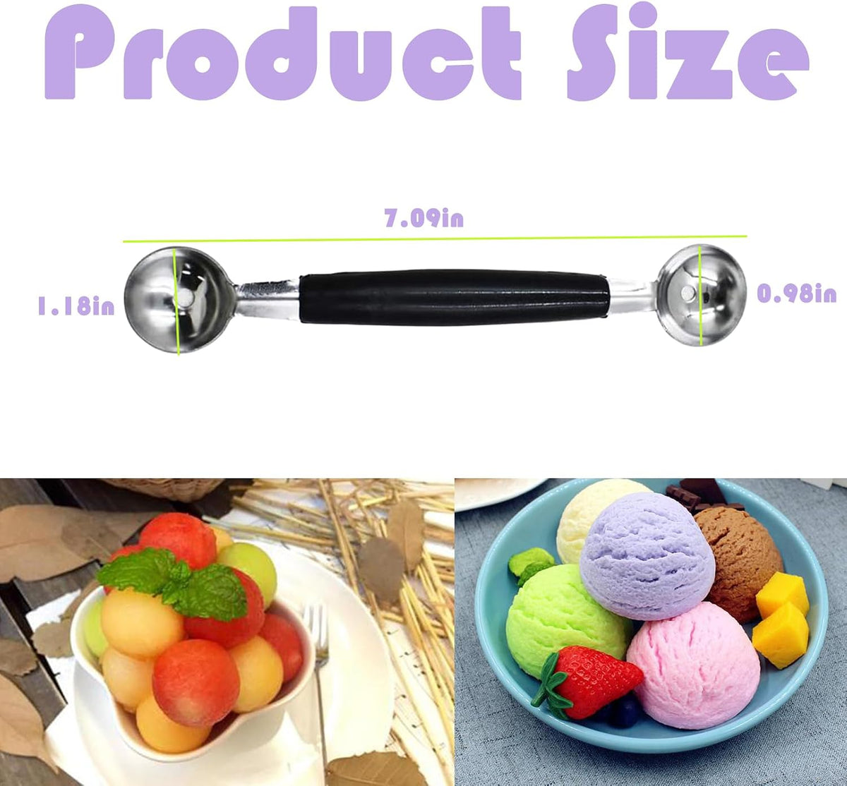 2 Pack Double Ended Headed Fruit Icecream Ball Spoon,Stainless Steel Melon Baller,Smooth Round Melon Balls Melon Scoop for Watermelon/Ice Cream/Fruits/Sorbet/Meatball