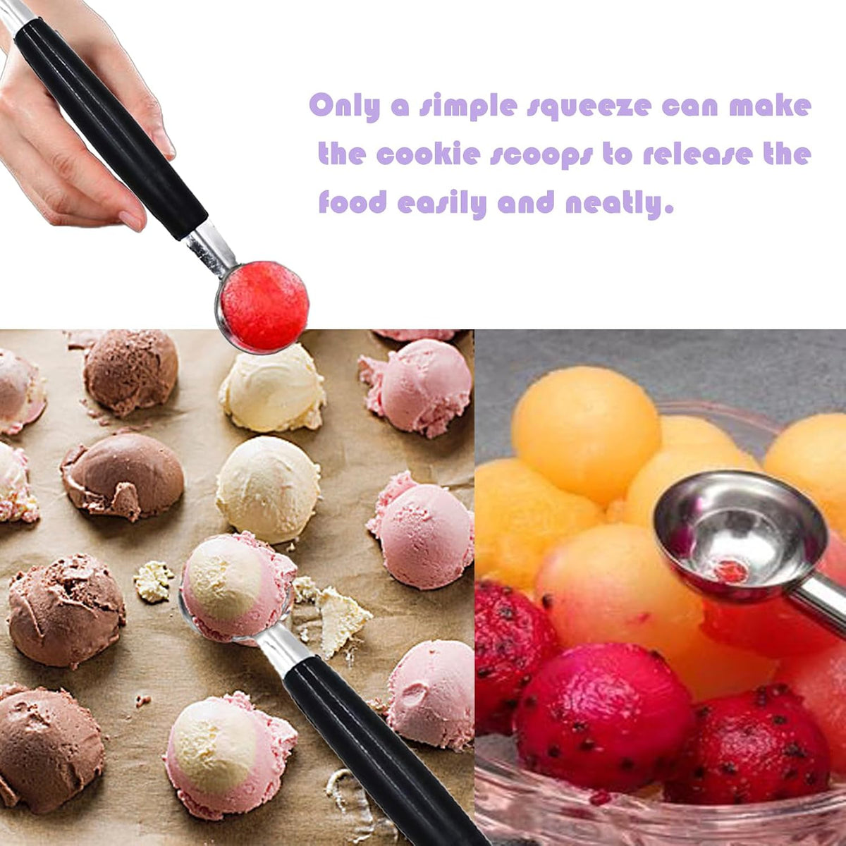 2 Pack Double Ended Headed Fruit Icecream Ball Spoon,Stainless Steel Melon Baller,Smooth Round Melon Balls Melon Scoop for Watermelon/Ice Cream/Fruits/Sorbet/Meatball