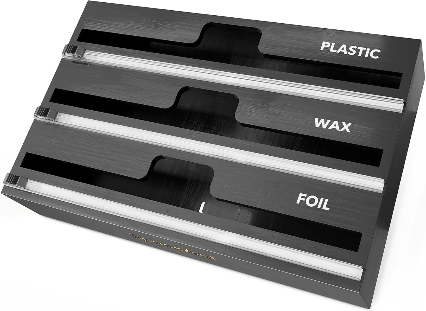 WrapNeat 3 in 1 Wrap Organizer with Cutter and Labels, Plastic Wrap, Aluminum Foil and Wax Bamboo Dispenser for Kitchen Storage Organization Holder for 12" Roll (Black)