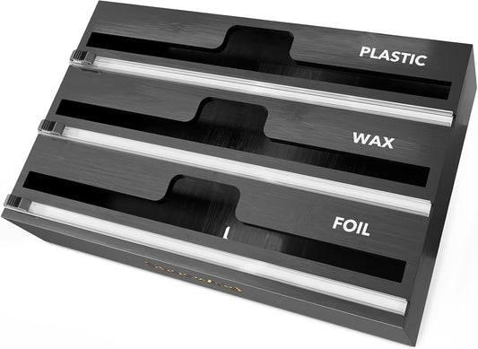 WrapNeat 3 in 1 Wrap Organizer with Cutter and Labels, Plastic Wrap, Aluminum Foil and Wax Bamboo Dispenser for Kitchen Storage Organization Holder for 12" Roll (Black)