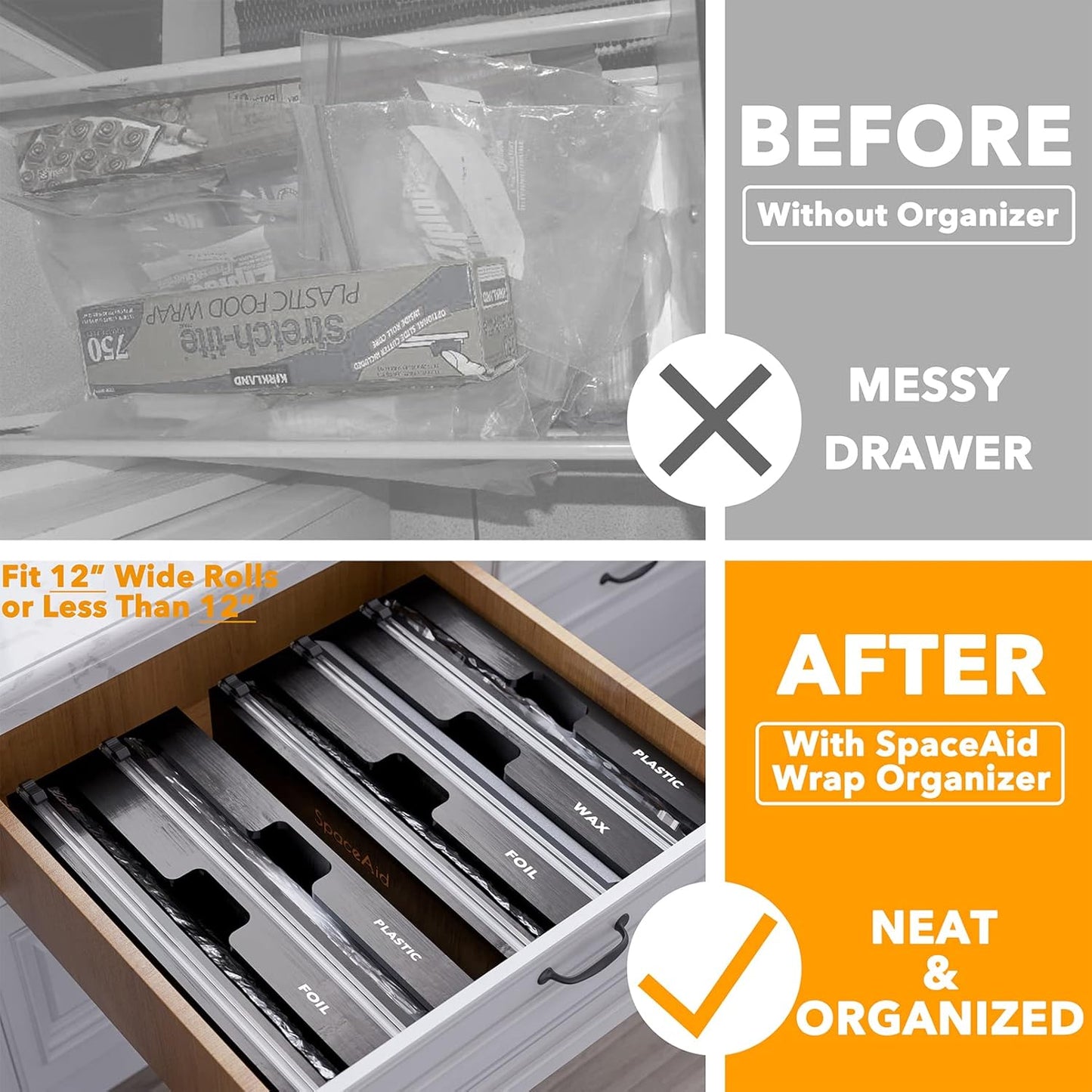 WrapNeat 3 in 1 Wrap Organizer with Cutter and Labels, Plastic Wrap, Aluminum Foil and Wax Bamboo Dispenser for Kitchen Storage Organization Holder for 12" Roll (Black)