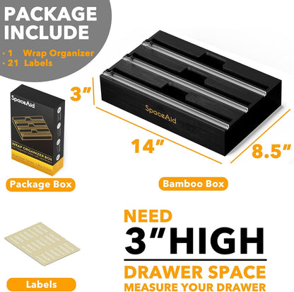 WrapNeat 3 in 1 Wrap Organizer with Cutter and Labels, Plastic Wrap, Aluminum Foil and Wax Bamboo Dispenser for Kitchen Storage Organization Holder for 12" Roll (Black)