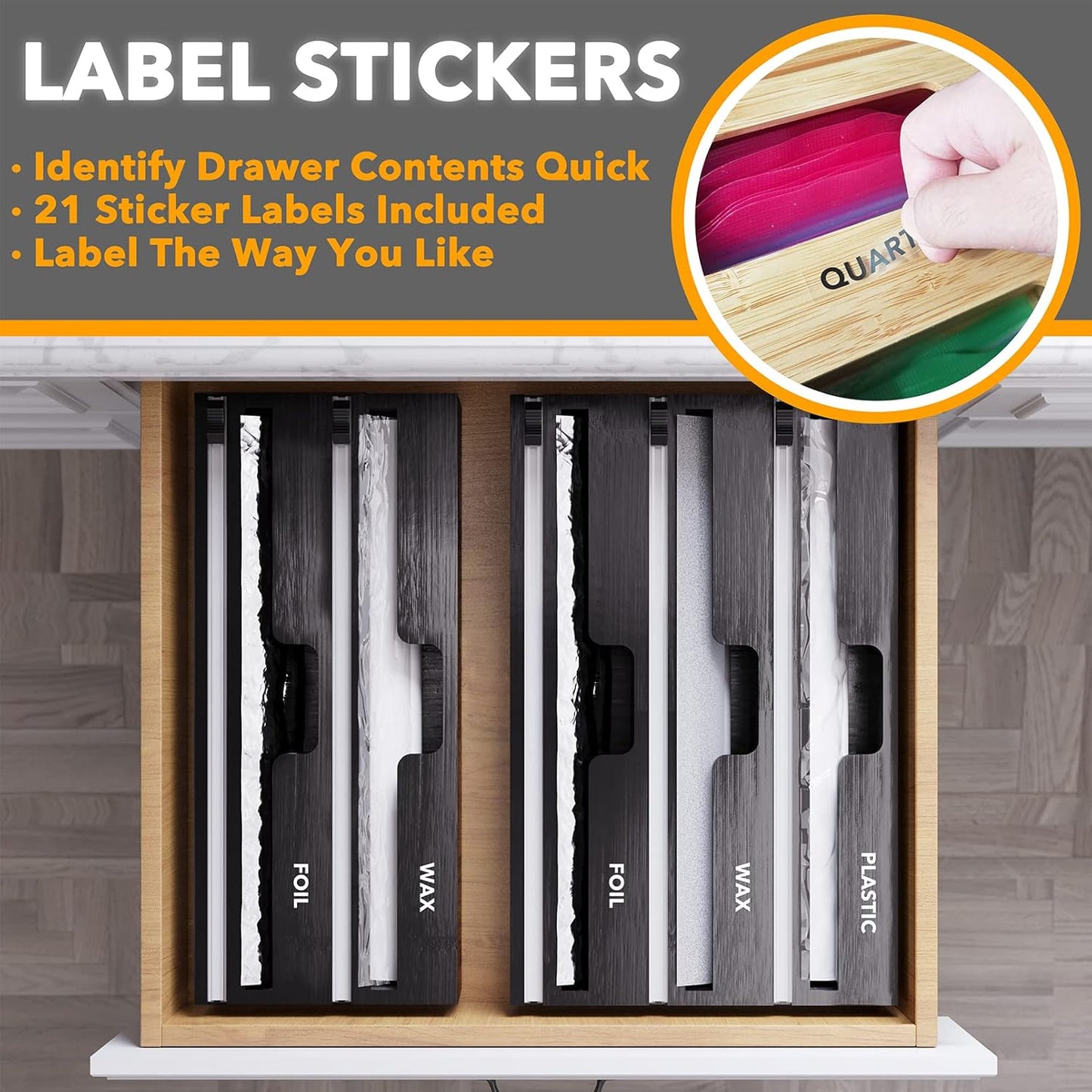 WrapNeat 3 in 1 Wrap Organizer with Cutter and Labels, Plastic Wrap, Aluminum Foil and Wax Bamboo Dispenser for Kitchen Storage Organization Holder for 12" Roll (Black)