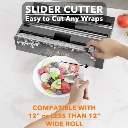 WrapNeat 3 in 1 Wrap Organizer with Cutter and Labels, Plastic Wrap, Aluminum Foil and Wax Bamboo Dispenser for Kitchen Storage Organization Holder for 12" Roll (Black)