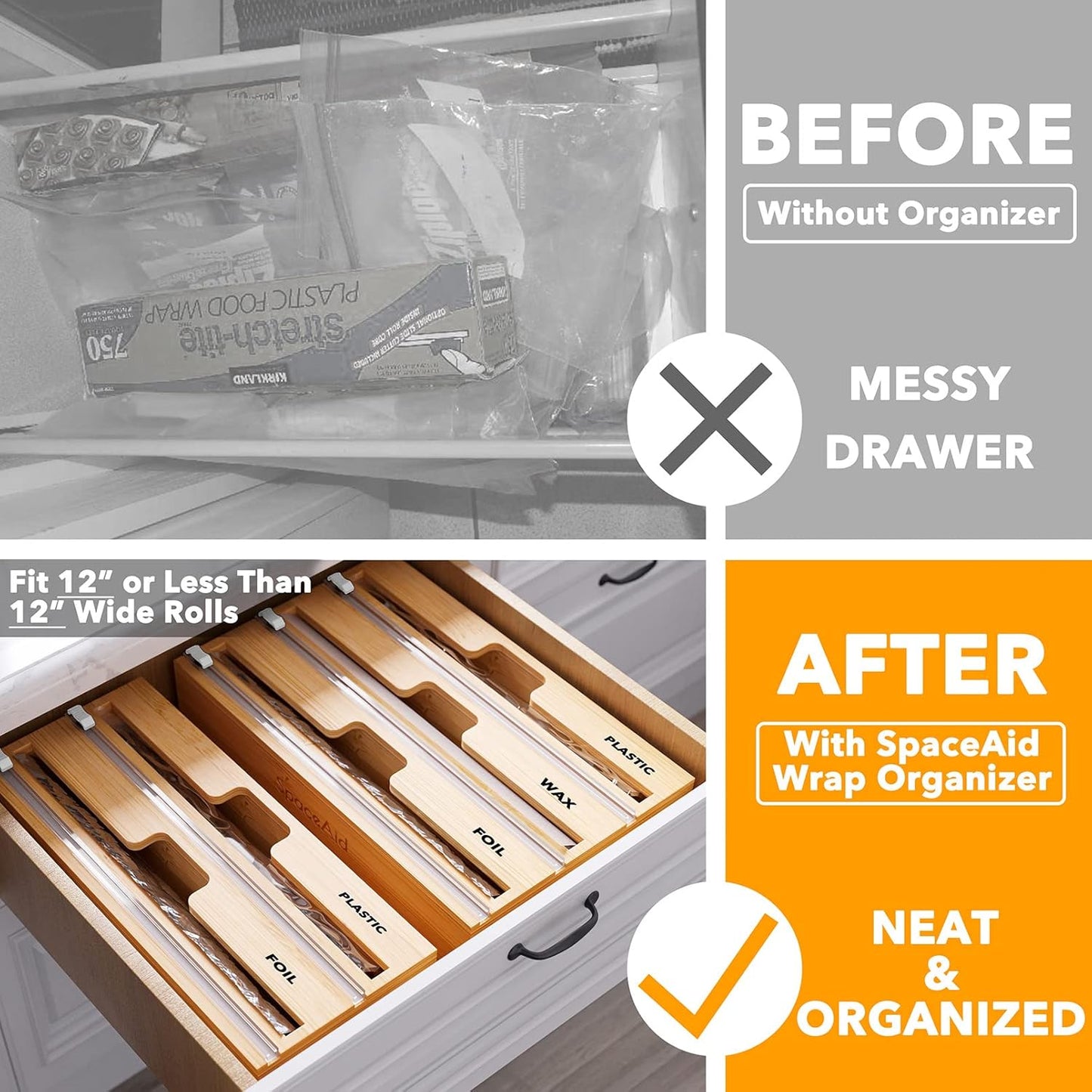 WrapNeat 3 in 1 Wrap Organizer with Cutter and Labels, Plastic Wrap, Aluminum Foil and Wax Bamboo Dispenser for Kitchen Storage Organization Holder for 12" Roll (Black)