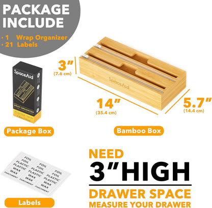 WrapNeat 3 in 1 Wrap Organizer with Cutter and Labels, Plastic Wrap, Aluminum Foil and Wax Bamboo Dispenser for Kitchen Storage Organization Holder for 12" Roll (Black)