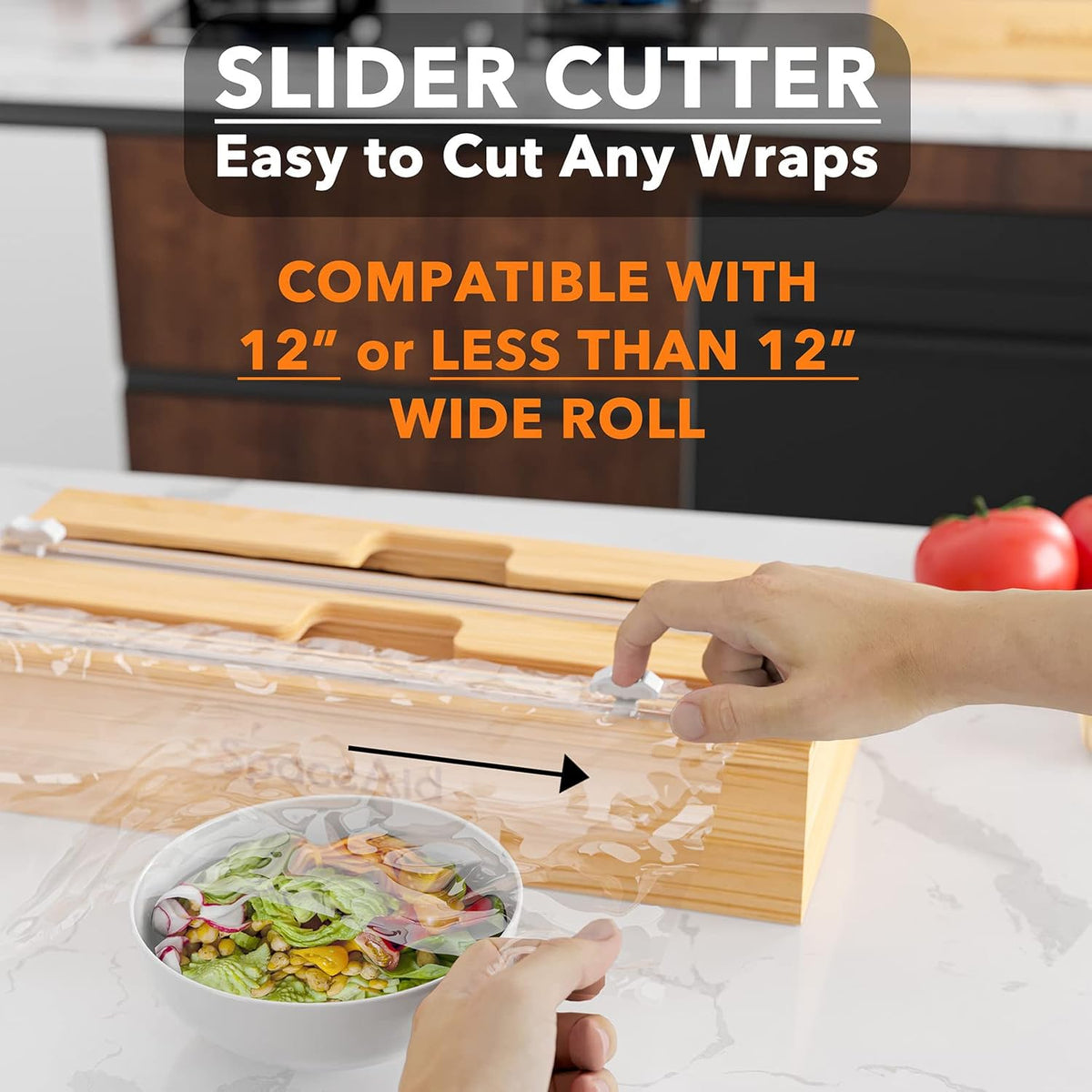 WrapNeat 3 in 1 Wrap Organizer with Cutter and Labels, Plastic Wrap, Aluminum Foil and Wax Bamboo Dispenser for Kitchen Storage Organization Holder for 12" Roll (Black)