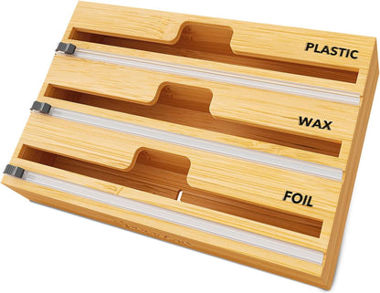 WrapNeat 3 in 1 Wrap Organizer with Cutter and Labels, Plastic Wrap, Aluminum Foil and Wax Bamboo Dispenser for Kitchen Storage Organization Holder for 12" Roll (Black)