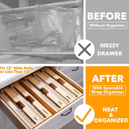 WrapNeat 3 in 1 Wrap Organizer with Cutter and Labels, Plastic Wrap, Aluminum Foil and Wax Bamboo Dispenser for Kitchen Storage Organization Holder for 12" Roll (Black)