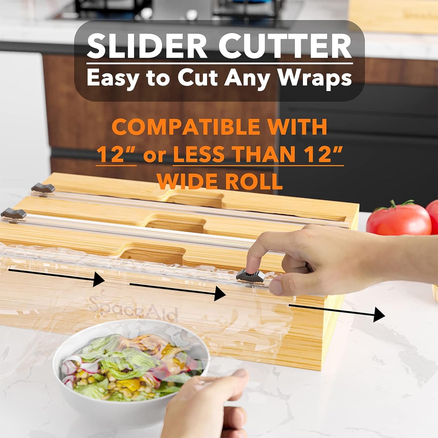 WrapNeat 3 in 1 Wrap Organizer with Cutter and Labels, Plastic Wrap, Aluminum Foil and Wax Bamboo Dispenser for Kitchen Storage Organization Holder for 12" Roll (Black)