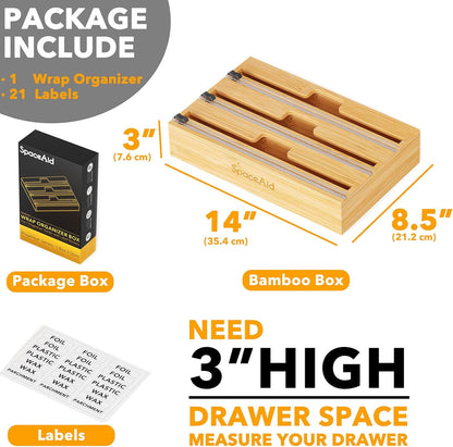WrapNeat 3 in 1 Wrap Organizer with Cutter and Labels, Plastic Wrap, Aluminum Foil and Wax Bamboo Dispenser for Kitchen Storage Organization Holder for 12" Roll (Black)
