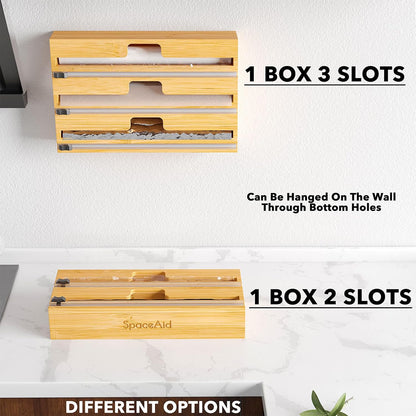 WrapNeat 3 in 1 Wrap Organizer with Cutter and Labels, Plastic Wrap, Aluminum Foil and Wax Bamboo Dispenser for Kitchen Storage Organization Holder for 12" Roll (Black)