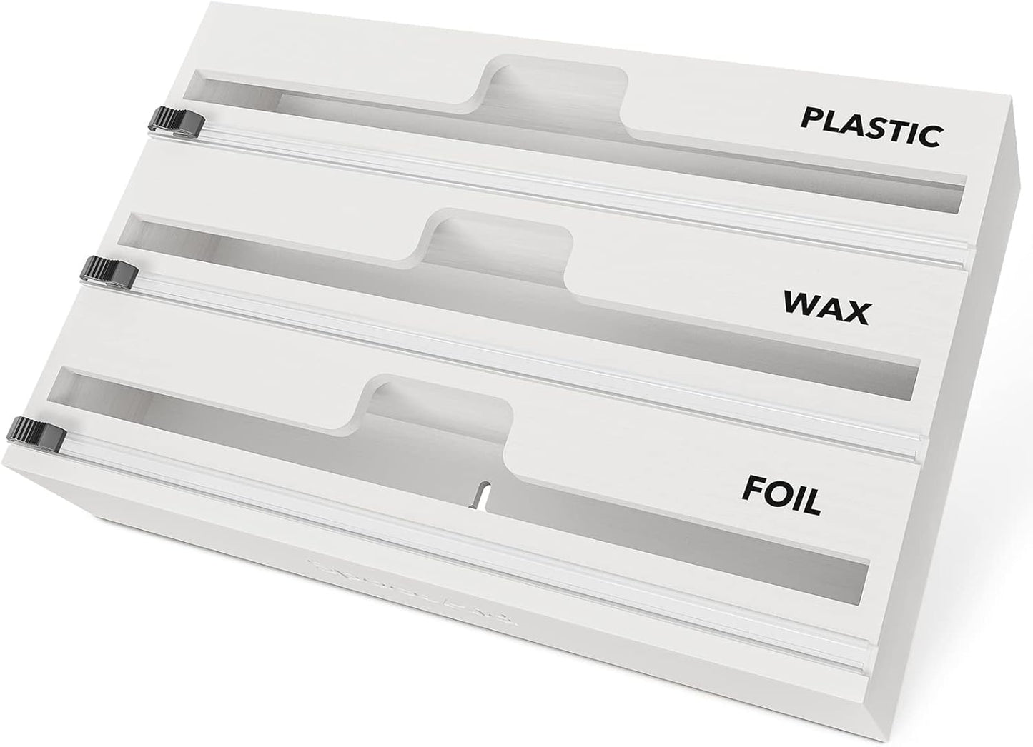 WrapNeat 3 in 1 Wrap Organizer with Cutter and Labels, Plastic Wrap, Aluminum Foil and Wax Bamboo Dispenser for Kitchen Storage Organization Holder for 12" Roll (Black)