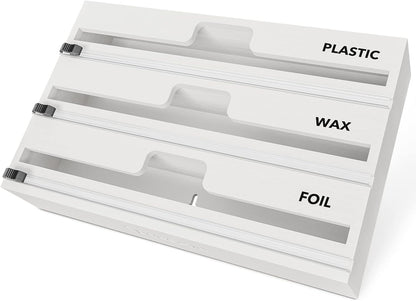 WrapNeat 3 in 1 Wrap Organizer with Cutter and Labels, Plastic Wrap, Aluminum Foil and Wax Bamboo Dispenser for Kitchen Storage Organization Holder for 12" Roll (Black)