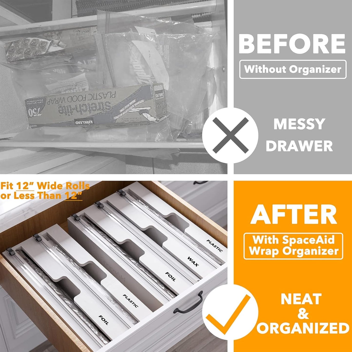 WrapNeat 3 in 1 Wrap Organizer with Cutter and Labels, Plastic Wrap, Aluminum Foil and Wax Bamboo Dispenser for Kitchen Storage Organization Holder for 12" Roll (Black)