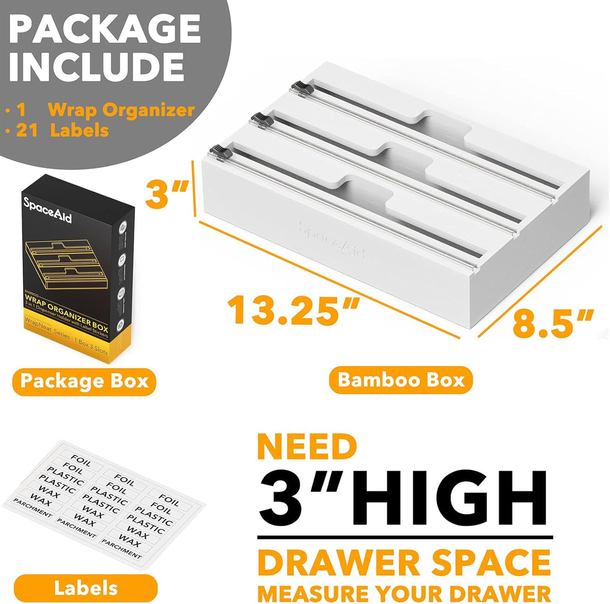 WrapNeat 3 in 1 Wrap Organizer with Cutter and Labels, Plastic Wrap, Aluminum Foil and Wax Bamboo Dispenser for Kitchen Storage Organization Holder for 12" Roll (Black)
