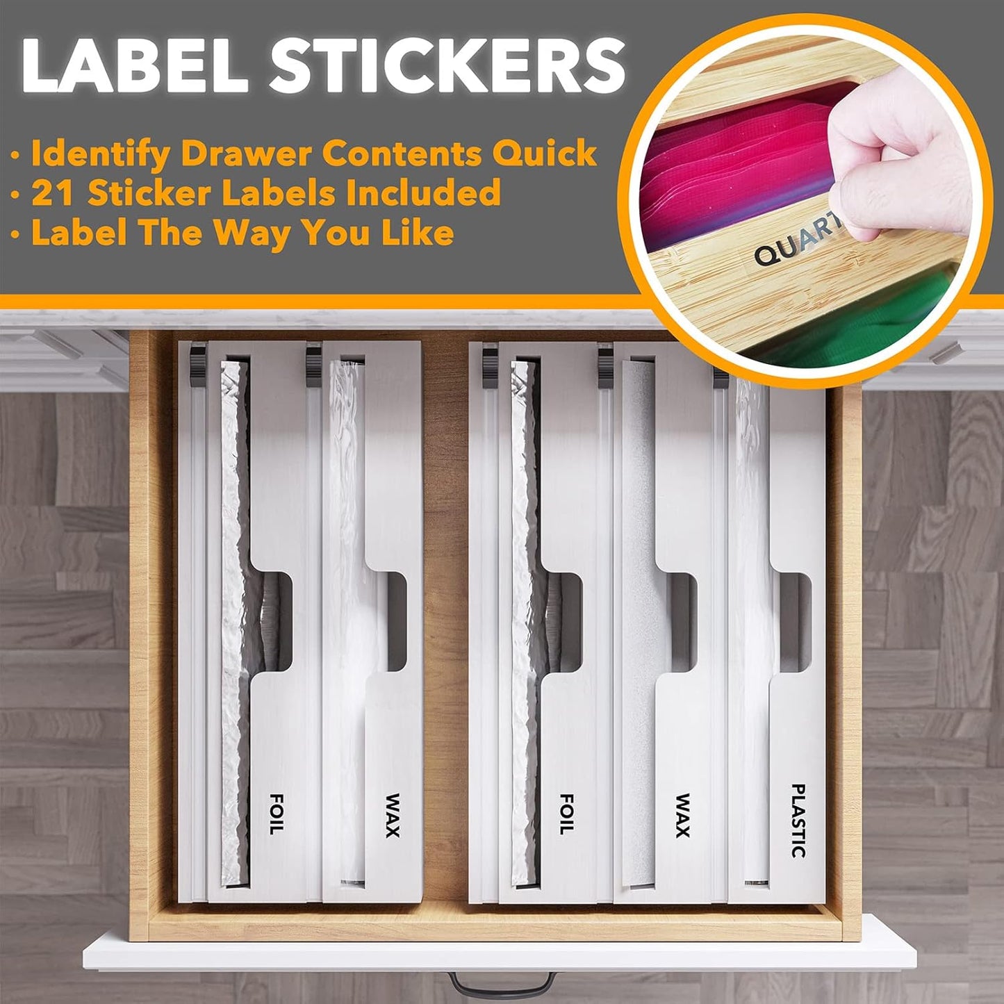 WrapNeat 3 in 1 Wrap Organizer with Cutter and Labels, Plastic Wrap, Aluminum Foil and Wax Bamboo Dispenser for Kitchen Storage Organization Holder for 12" Roll (Black)