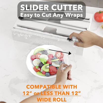 WrapNeat 3 in 1 Wrap Organizer with Cutter and Labels, Plastic Wrap, Aluminum Foil and Wax Bamboo Dispenser for Kitchen Storage Organization Holder for 12" Roll (Black)