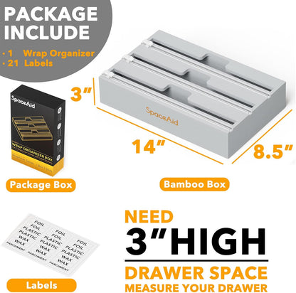 WrapNeat 3 in 1 Wrap Organizer with Cutter and Labels, Plastic Wrap, Aluminum Foil and Wax Bamboo Dispenser for Kitchen Storage Organization Holder for 12" Roll (Black)