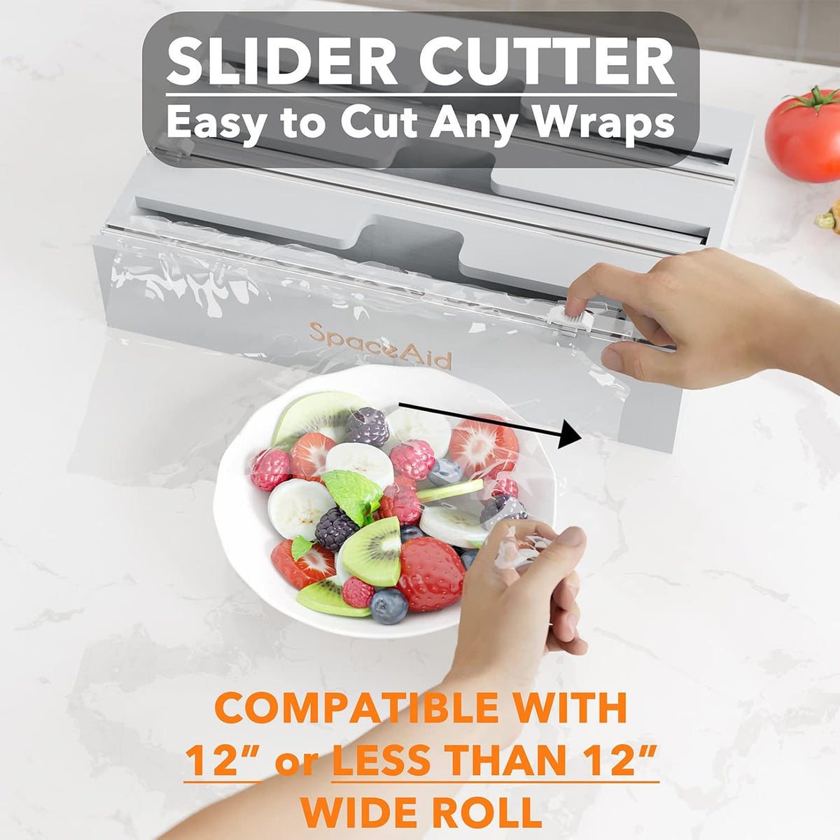 WrapNeat 3 in 1 Wrap Organizer with Cutter and Labels, Plastic Wrap, Aluminum Foil and Wax Bamboo Dispenser for Kitchen Storage Organization Holder for 12" Roll (Black)