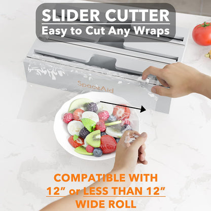 WrapNeat 3 in 1 Wrap Organizer with Cutter and Labels, Plastic Wrap, Aluminum Foil and Wax Bamboo Dispenser for Kitchen Storage Organization Holder for 12" Roll (Black)