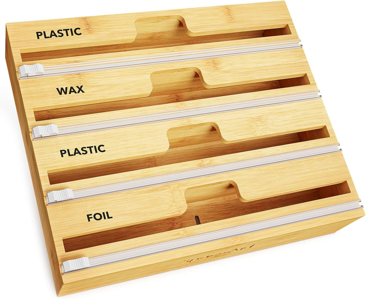 WrapNeat 3 in 1 Wrap Organizer with Cutter and Labels, Plastic Wrap, Aluminum Foil and Wax Bamboo Dispenser for Kitchen Storage Organization Holder for 12" Roll (Black)
