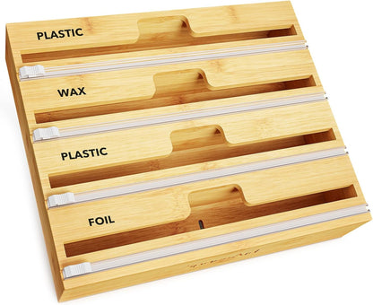 WrapNeat 3 in 1 Wrap Organizer with Cutter and Labels, Plastic Wrap, Aluminum Foil and Wax Bamboo Dispenser for Kitchen Storage Organization Holder for 12" Roll (Black)