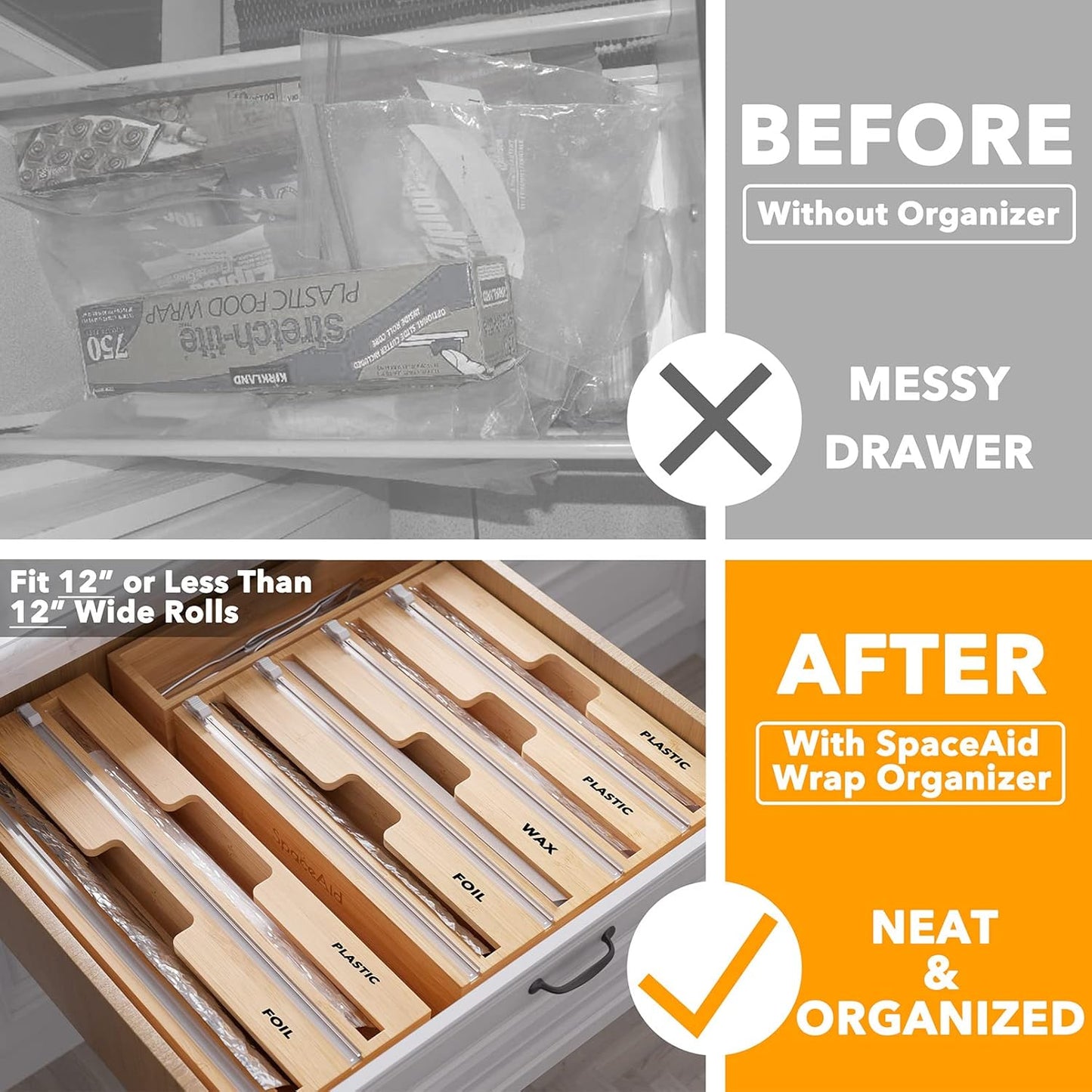 WrapNeat 3 in 1 Wrap Organizer with Cutter and Labels, Plastic Wrap, Aluminum Foil and Wax Bamboo Dispenser for Kitchen Storage Organization Holder for 12" Roll (Black)