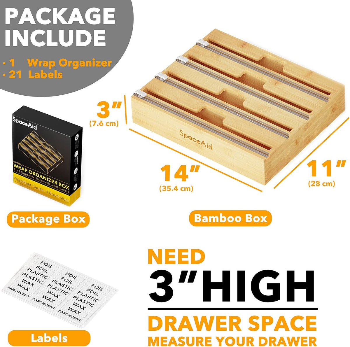 WrapNeat 3 in 1 Wrap Organizer with Cutter and Labels, Plastic Wrap, Aluminum Foil and Wax Bamboo Dispenser for Kitchen Storage Organization Holder for 12" Roll (Black)