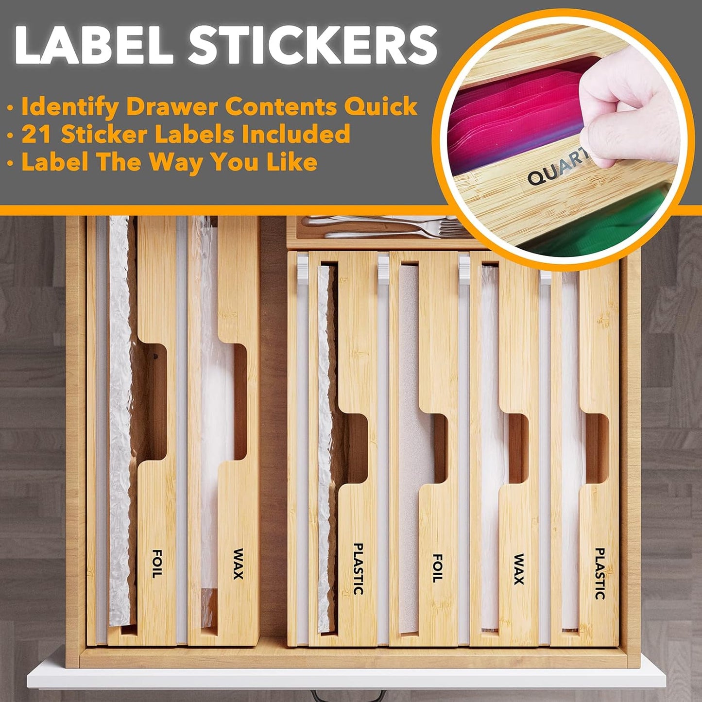 WrapNeat 3 in 1 Wrap Organizer with Cutter and Labels, Plastic Wrap, Aluminum Foil and Wax Bamboo Dispenser for Kitchen Storage Organization Holder for 12" Roll (Black)
