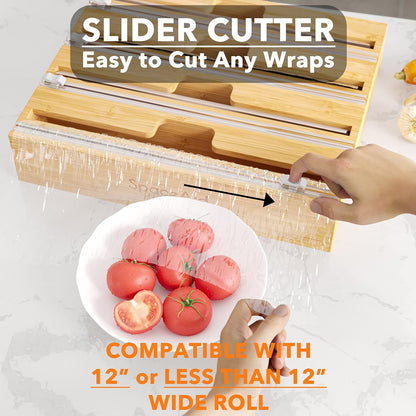 WrapNeat 3 in 1 Wrap Organizer with Cutter and Labels, Plastic Wrap, Aluminum Foil and Wax Bamboo Dispenser for Kitchen Storage Organization Holder for 12" Roll (Black)