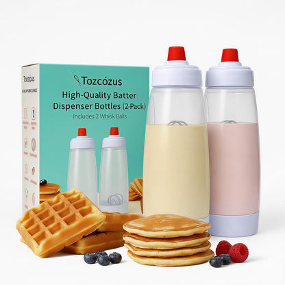 Pancake Batter Dispenser Bottle, 2 Pack 33oz, Whisk Ball Mixer