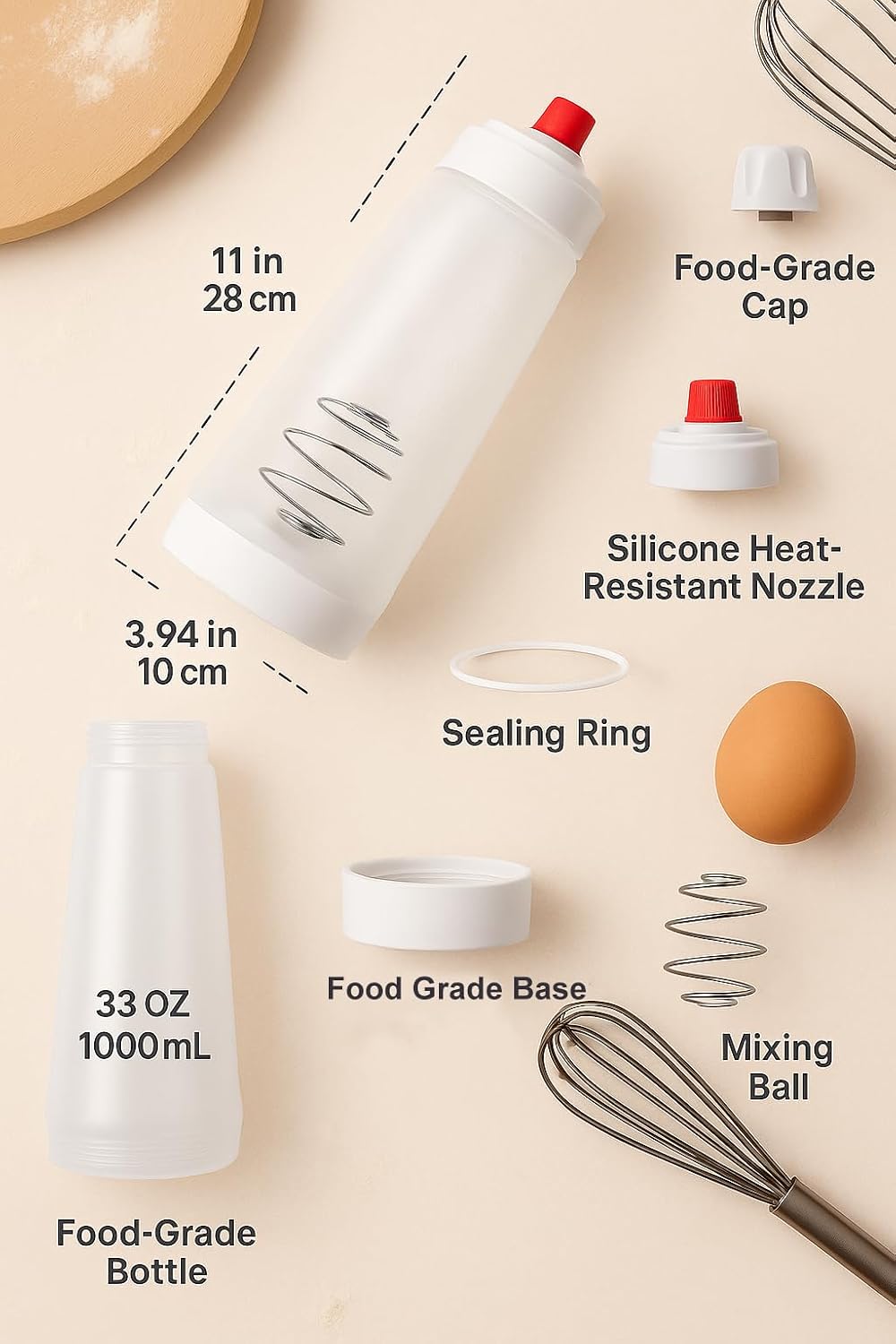 Pancake Batter Dispenser Bottle, 2 Pack 33oz, Whisk Ball Mixer