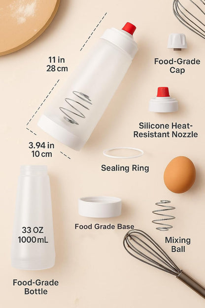 Pancake Batter Dispenser Bottle, 2 Pack 33oz, Whisk Ball Mixer