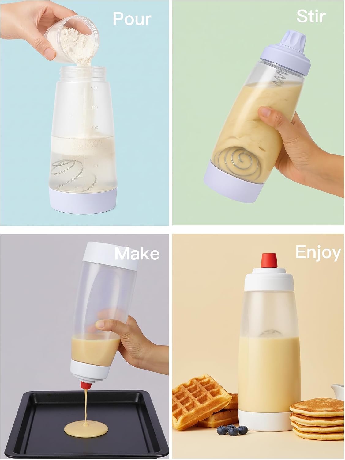 Pancake Batter Dispenser Bottle, 2 Pack 33oz, Whisk Ball Mixer