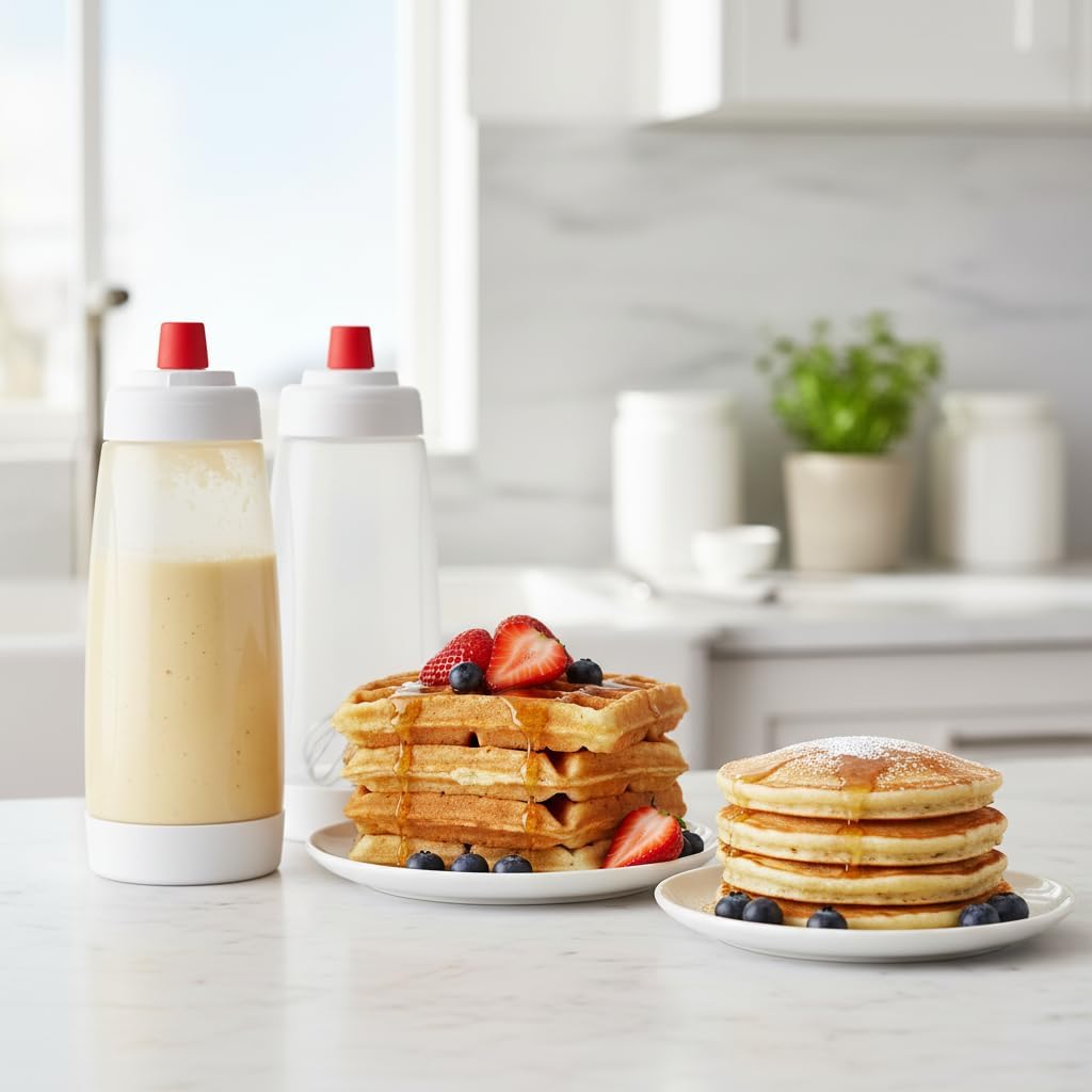 Pancake Batter Dispenser Bottle, 2 Pack 33oz, Whisk Ball Mixer