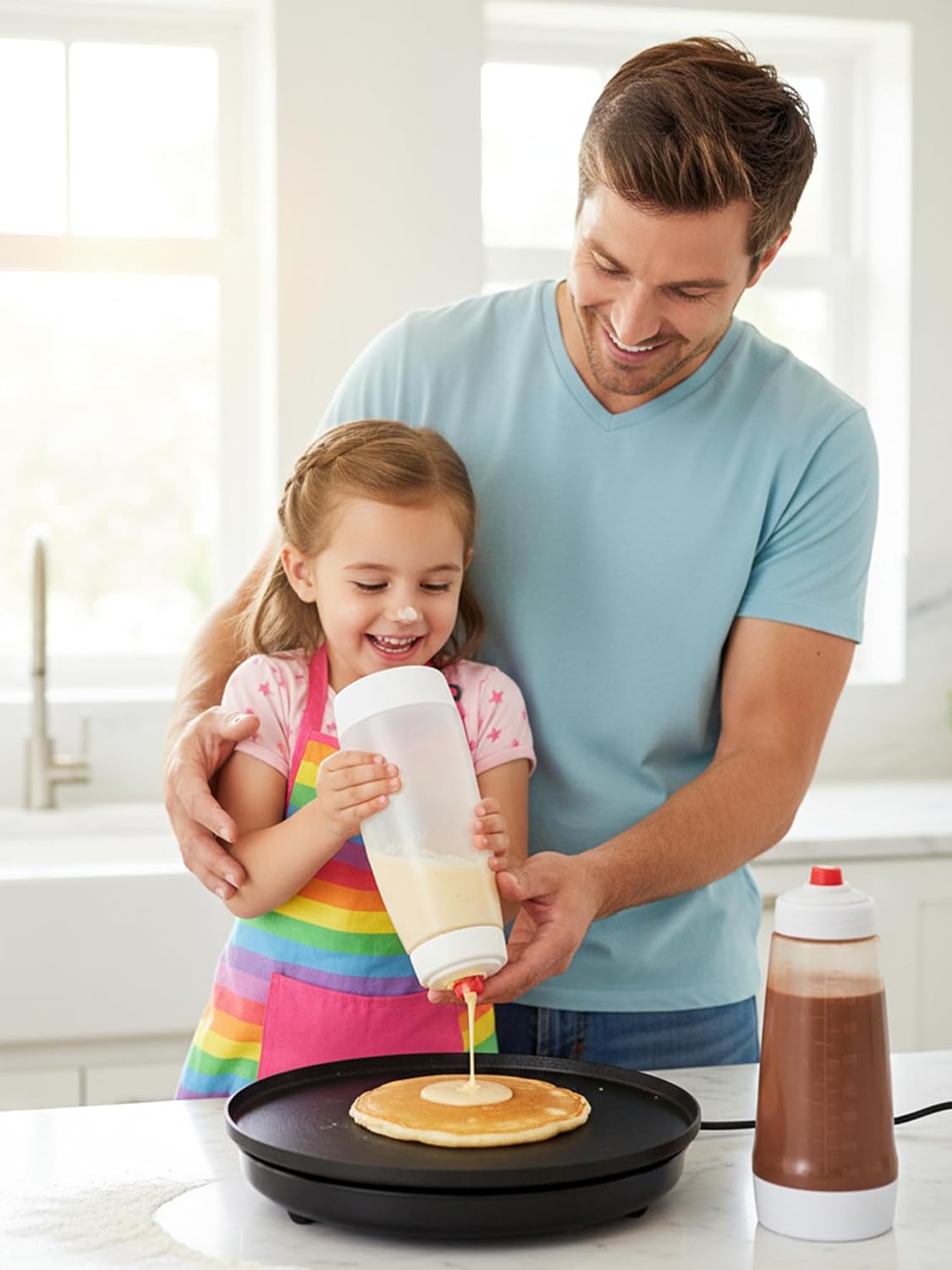 Pancake Batter Dispenser Bottle, 2 Pack 33oz, Whisk Ball Mixer
