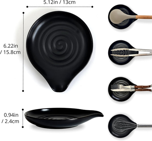 Spoon Rest for Stove Top, Ceramic Spoon Holder for Kitchen Counter | 6.2" Large Cooking Utensil Rest for Spatula, Spoon & Ladle, Kitchen Counter Decor for Pioneer Woman, Matte Black
