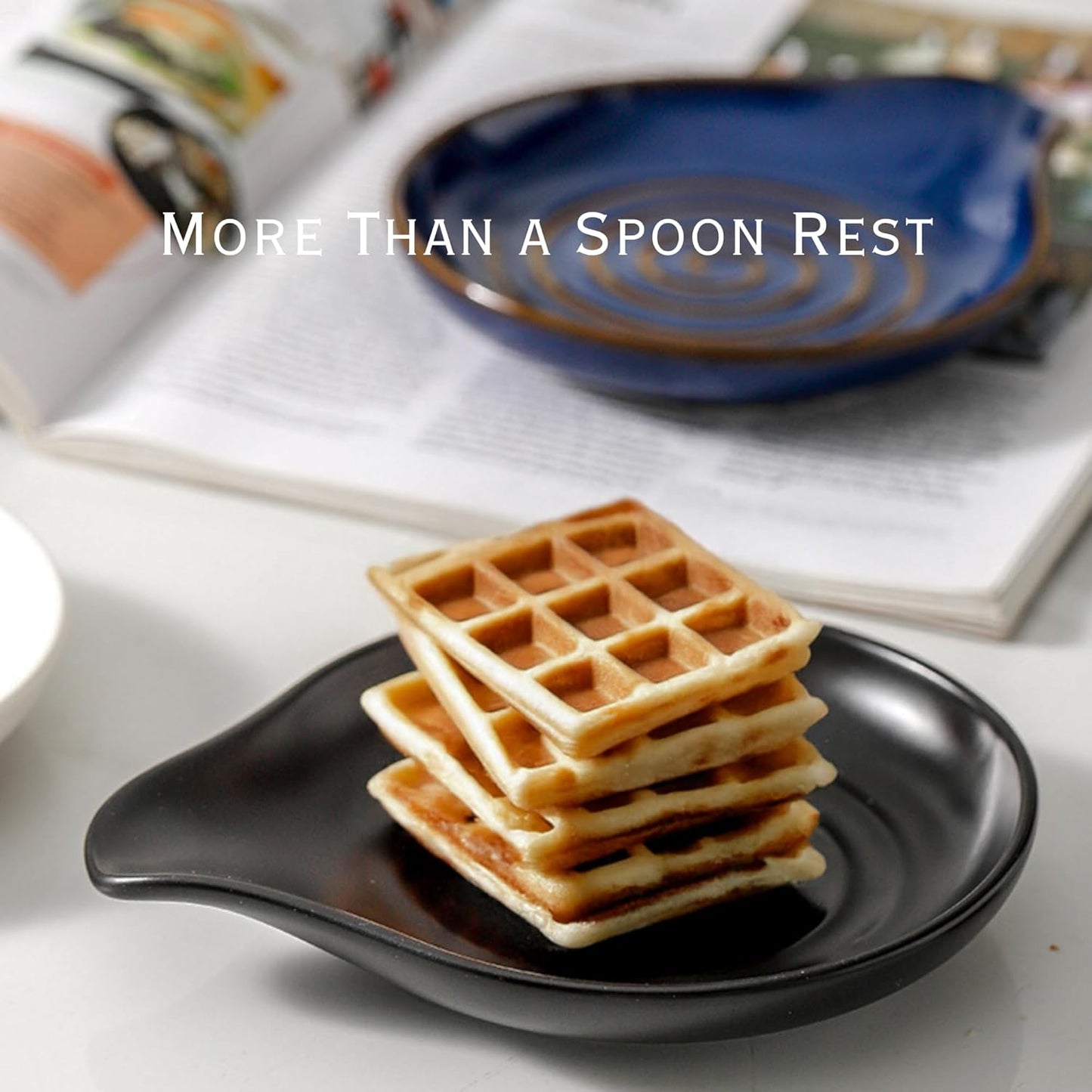 Spoon Rest for Stove Top, Ceramic Spoon Holder for Kitchen Counter | 6.2" Large Cooking Utensil Rest for Spatula, Spoon & Ladle, Kitchen Counter Decor for Pioneer Woman, Matte Black