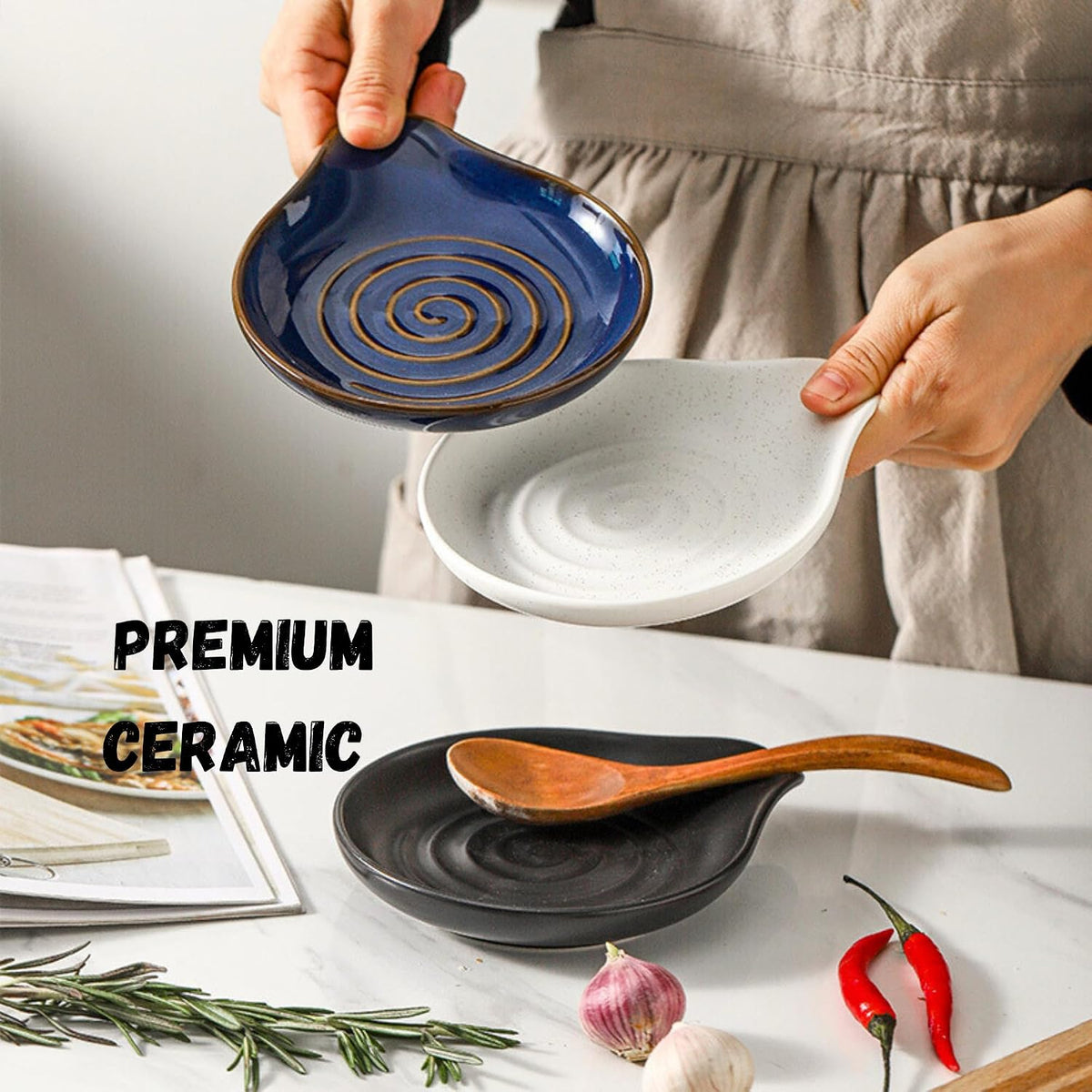 Spoon Rest for Stove Top, Ceramic Spoon Holder for Kitchen Counter | 6.2" Large Cooking Utensil Rest for Spatula, Spoon & Ladle, Kitchen Counter Decor for Pioneer Woman, Matte Black