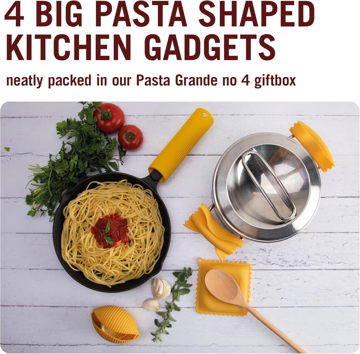 Monkey Business Silicone Kitchen Tools in Gift Box/ 4 Big Pasta shaped kitchen gadgets/Farfalloni Pot Grips, Ravioli Spoon Rest, Conchiglie Lemon Squeezer and Penne Pan Grip/Pasta Grande No. 4